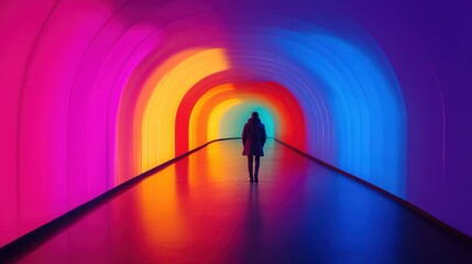 Wall Mural - vibrant light tunnel with silhouette figure