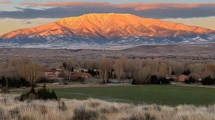 Poster - Sunset illuminating a majestic mountain range, snow-capped peaks, and a rural valley landscape.