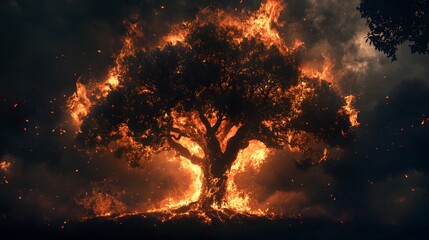 Wall Mural - Fiery Inferno Engulfs Majestic Ancient Tree at Night