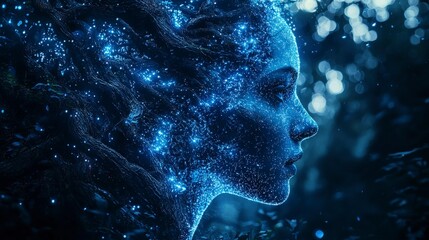 Poster - Enchanting double exposure of a scientist in a luminous forest creative art mystical environment profile view nature's magic
