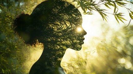 Poster - Serene yoga practice nature retreat double exposure art tranquil environment profile view mindfulness concept for wellbeing