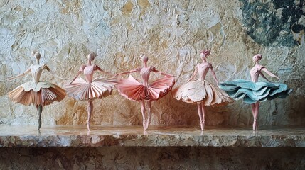 Aufkleber - Aesthetic close-up photography of vintage shelf with pastel paper ballet costumes in creative studio