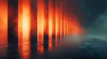 Poster - Emerging glowing lines in misty urban landscape a surreal perspective from the shadows