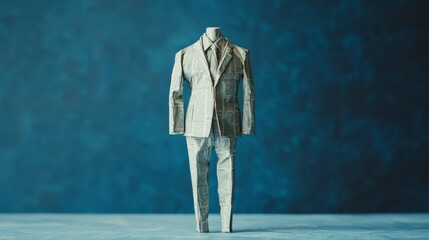 Poster - Unique paper suit sculpture displayed on tabletop artistic studio creative photography minimalistic close-up innovative craft