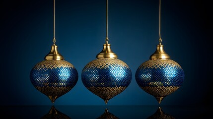 Wall Mural - Three elegant blue and gold hanging lanterns against a dark blue background.