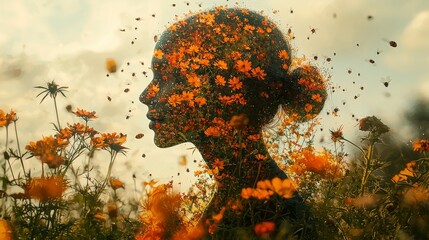 Fototapete - Enchanting double exposure of gardener's profile surrounded by wildflowers nature art dreamlike artistic conceptualization