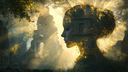 Poster - Historical double exposure of a female profile amidst ancient ruins and nature mystical atmosphere artistic vision