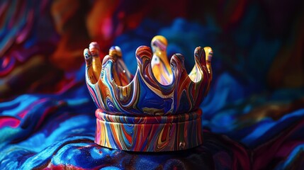 Poster - Colorful crown crafted from wrapping paper artistic showcase vibrant studio setting eye-level perspective creative expression