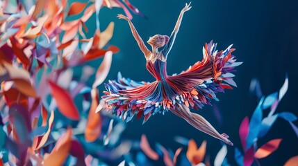 Aufkleber - Stunning papercut ballet dancer suspended in colorful leaves artistic photography with a dreamy captivating view