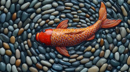 Poster - Koi fish art installation made of polished pebbles zen garden outdoor sculpture tranquil setting aerial view serenity concept
