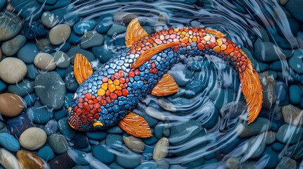 Poster - Dynamic koi fish design from polished pebbles in a tranquil water aesthetic for nature enthusiasts