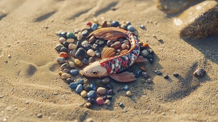 Poster - Koi fish created with colorful pebbles on sandy beach nature art vibrant colors close-up view creative concept