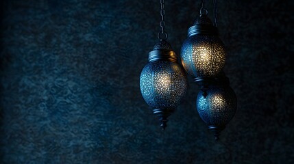 Wall Mural - Three ornate, illuminated metal lanterns hanging against a dark blue textured background.