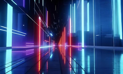 Poster - 3d technology abstract neon light background, empty space scene, spotlight, dark night, virtual real