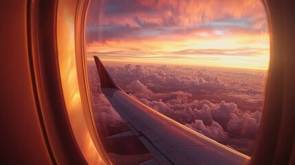 Poster - Looking out of an airplane window at sunset, with warm colors reflecting on the clouds and wing. 