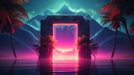 Poster - Mysterious door or portal with neon light in the jungle in synthwave style
