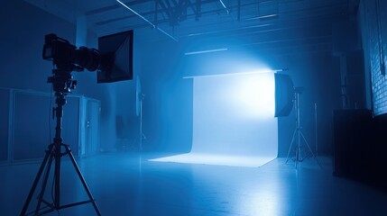 Poster - Professional camera and backdrop in photo studio. 