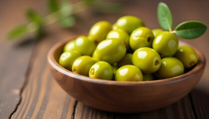 Green Mediterranean olives in a wooden bowl