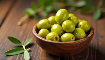 Green Mediterranean olives in a wooden bowl