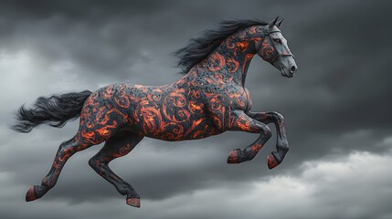 Wall Mural - Black Horse Leaps Through Stormy Clouds With Fire Design