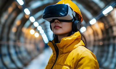 Poster - A person wearing a VR headset and helmet in a tunnel, exploring virtual environments.