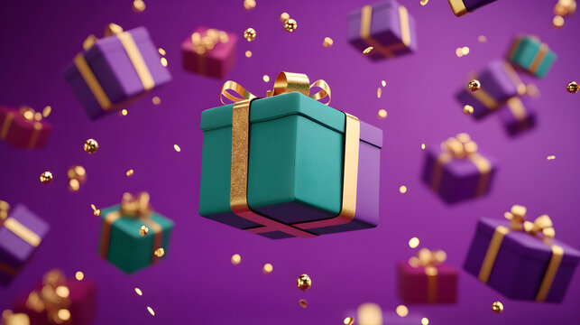 Teal gift box with gold ribbon floats among purple presents and confetti.