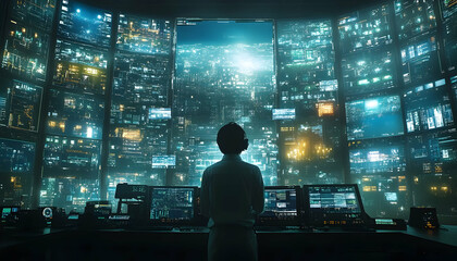 Poster - A figure stands in a high-tech control room surrounded by numerous glowing screens.