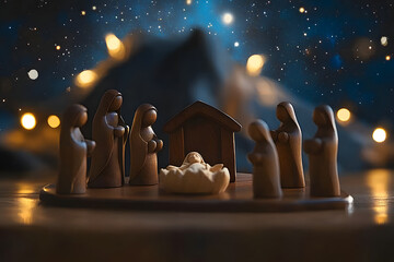 Wall Mural - nativity scene with wooden figurines and starry night background