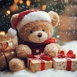 cute teddy bear with gifts in a winter wonderland