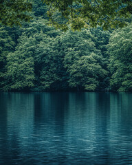 Wall Mural - Tranquil lake surrounded by lush green trees in a serene natural setting