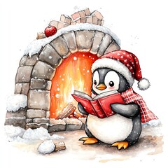 A cheerful penguin reading by a cozy fireplace adorned for winter festivities.