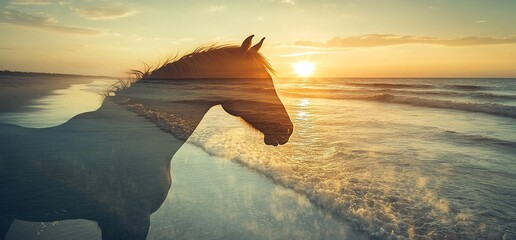 Aufkleber - A serene beach scene featuring a horse silhouette against a sunset.