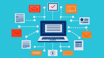 Poster - A digital illustration shows a laptop connected to various icons, representing emails, documents, and transactions, symbolizing communication and information exchange.
