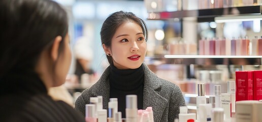 Poster - A woman engages in conversation at a cosmetics display in a store.