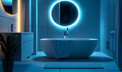 Poster - Modern bathroom featuring a freestanding tub and ambient lighting.
