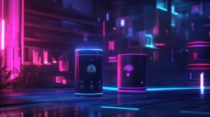 Poster - Futuristic Devices in Neon Lights Environment
