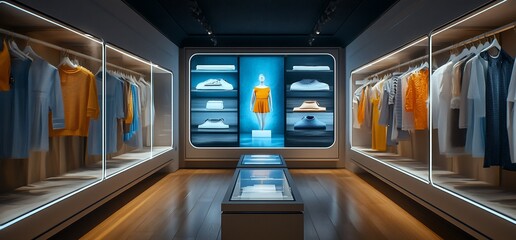 Poster - Modern retail space displaying clothing in a minimalist design.