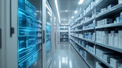 Poster - Modern pharmacy interior with shelves of medications and digital displays.
