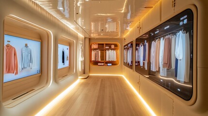Poster - Modern retail space featuring clothing displays and digital screens.