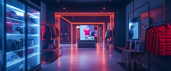 Poster - Modern retail space showcasing clothing with vibrant neon lighting.