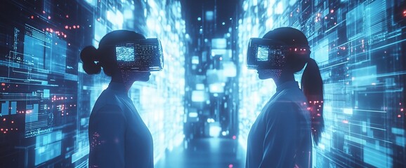 Poster - Two figures wearing VR headsets in a digital data environment.
