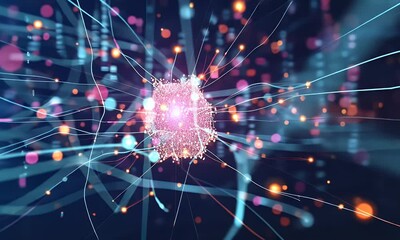 Poster - Abstract technology background of a quantum computing system with processor and electronic circuit. Artificial neurons, global data connections