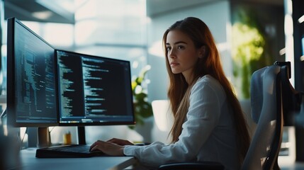 Poster - Young woman coding at a desk with dual monitors in a modern office.