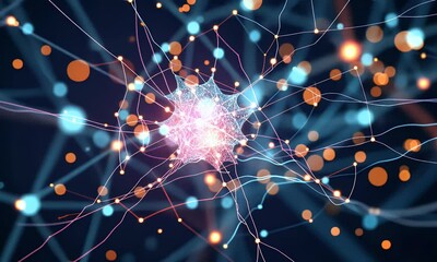 Poster - Abstract technology background of a quantum computing system with processor and electronic circuit. Artificial neurons, global data connections


