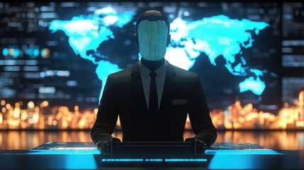 Poster - Futuristic Businessman with Digital Face and World Map