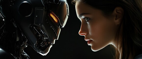 Poster - A close-up of a robot and a woman, highlighting their intense gaze.