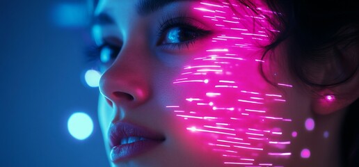 Poster - A close-up of a face illuminated by vibrant, colorful lights.