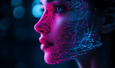 Poster - A digital portrayal of a woman?s face illuminated with neon lines and patterns.