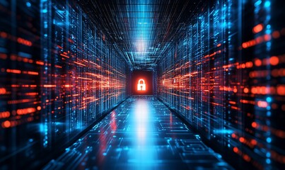 Poster - A digital corridor with a lock symbol, representing cybersecurity and data protection.
