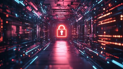 Poster - A digital corridor featuring a glowing lock symbol, representing security.